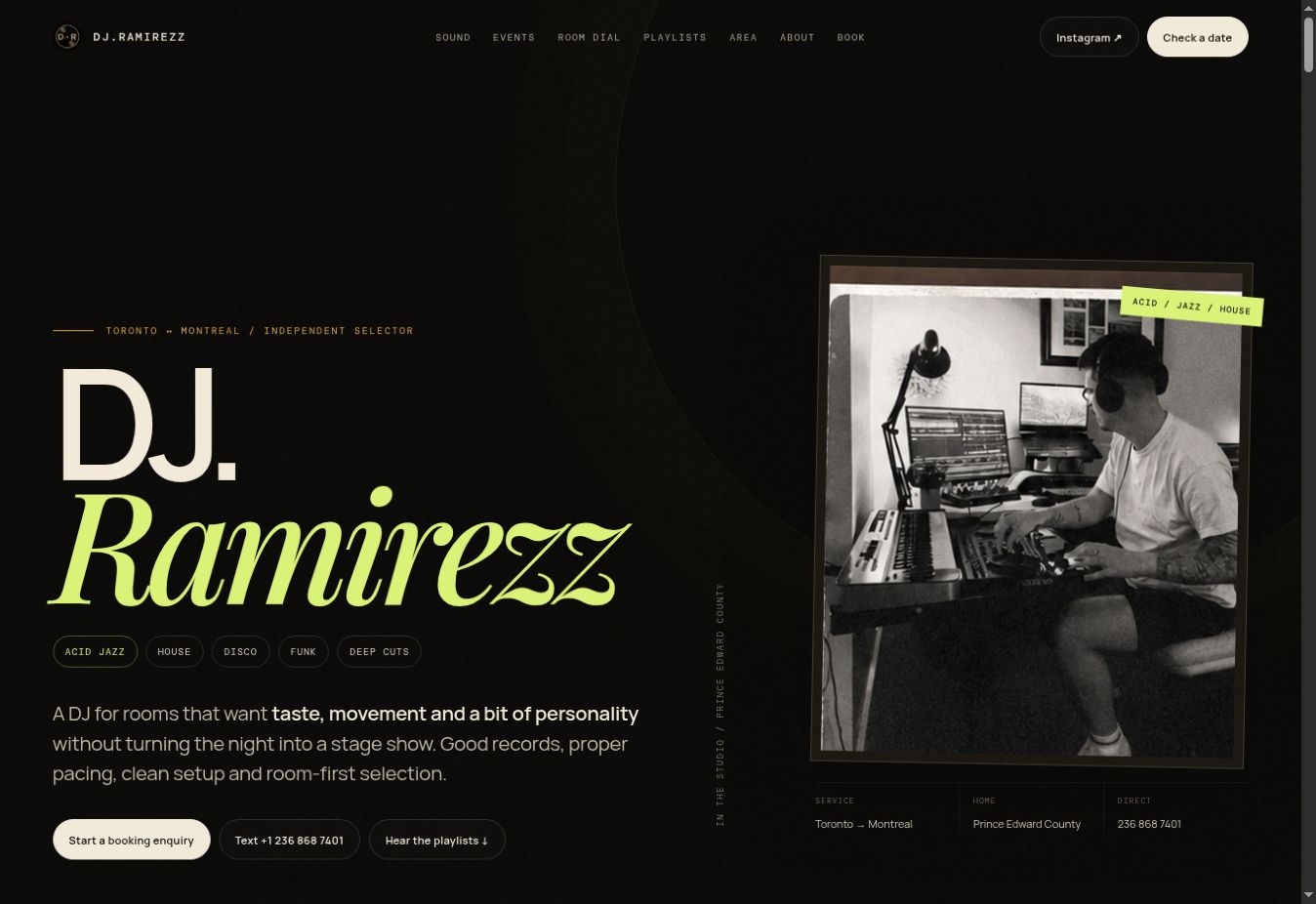 Live DJ Ramirezz homepage showing its booking-led design and studio portrait