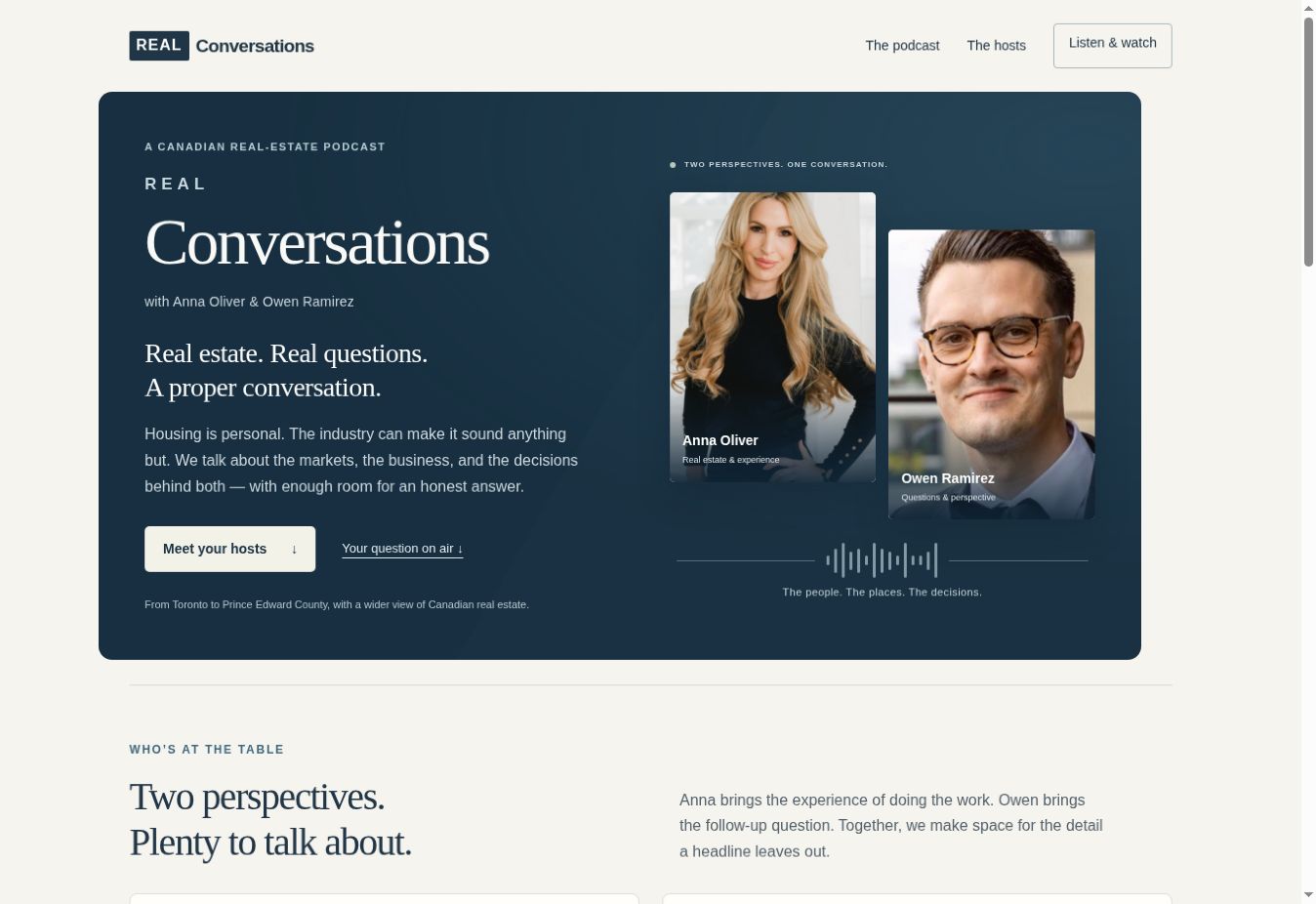 Live REAL Conversations homepage showing its Canadian real estate podcast and hosts Anna Oliver and Owen Ramirez